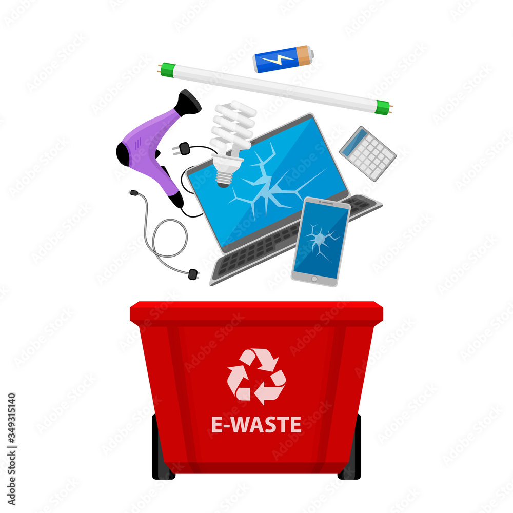 electronic waste and red recycling plastic bin isolated on white background, bin plastic and e