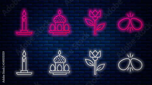 Set line Easter cake and eggs, Flower tulip, Burning candle in candlestick and Easter eggs. Glowing neon icon on brick wall. Vector