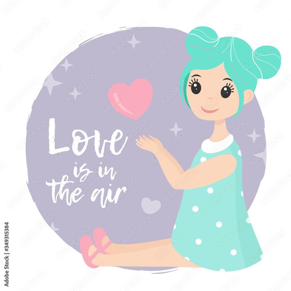 Cute cartoon girl with turquoise hairs and dress catches with palms heart. Valentine's day card, save the date greeting card. Vector illustration character design.With lettering