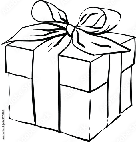 Nice gift box for the holiday. Outline illustration of the present. Black and white sketch of the gift box for Birthday, Christmas, Brit Mila, Hanukkah, St. Valentine's Day. Mother's Day