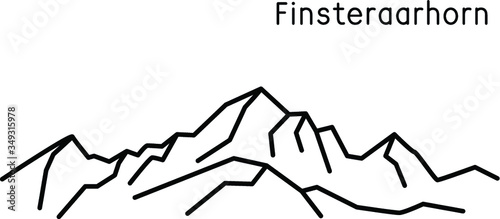 Mountains. Mount Finsteraarhorn. Switzerland. Vector black and white illustration