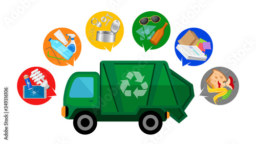 garbage truck and waste isolated on white background, clip art of recycle waste truck for cleaner management, garbage truck icon simple, illustration garbage truck green for flat infographic symbol