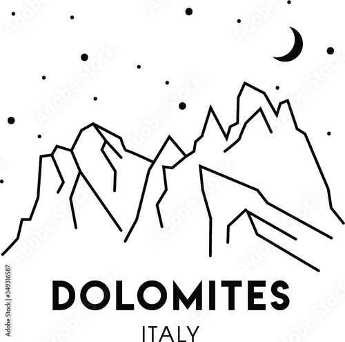 Dolomites Alps in Italy. Black and white vector illustration of mountains. Print design. Seceda. Ortisei. Travel life.