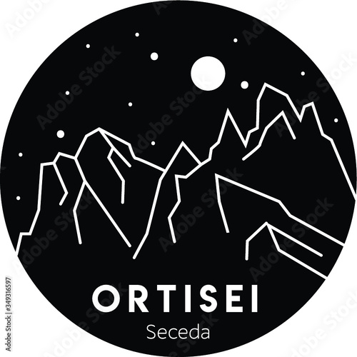 Ortisei. Seceda mountains. Travel, tourism. Vector black and white illustration. Italy. Hiking, trekking, camping.