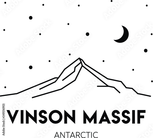 Vinson Massif in Antarctica. Vector black and white illustration. Print design. Nature