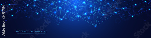 Website header or banner design with abstract geometric background and connecting dots and lines. Global network connection. Digital technology with plexus background and space for your text.