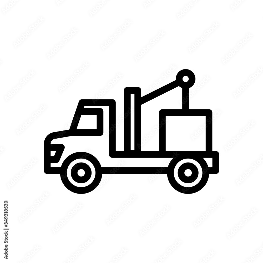 Crane truck lifting icon in line art style on white background, sign for mobile concept and web design, Crane vehicle vector icon, Construction machine symbol, logo illustration