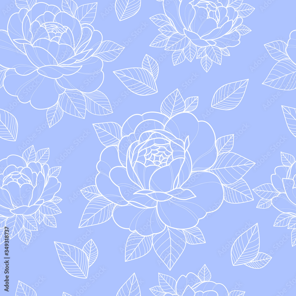 Seamless pattern with linear peonies flowers and leaves on a blue background. Floral pattern for greeting card, scrapbooking, invitation, wallpaper or fabric. Vector illustration