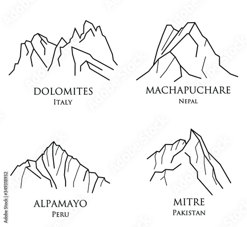 Mountains. Vector black and white illustrations of Dolomites, Machapuchare, Mitre, Alpamayo. Outline illustration on white. Travel, trekking, hiking, mountaineering  photo