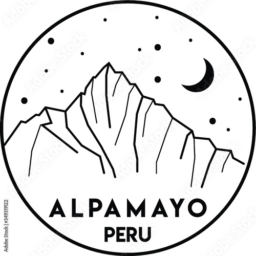 Vector black and white illustration of mount Alpamayo in Peru. Mountains, adventure, trekking, climbing, hiking, camping. Print design.  Hand drawn, sketch, lines.