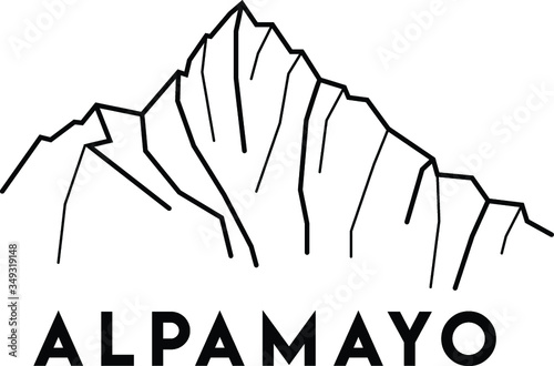Alpamayo, Peru. Vector black and white illustration of mount. Cordillera, Blanca, Andes. Print design. Hand drawn illustration of mountains in South America  photo