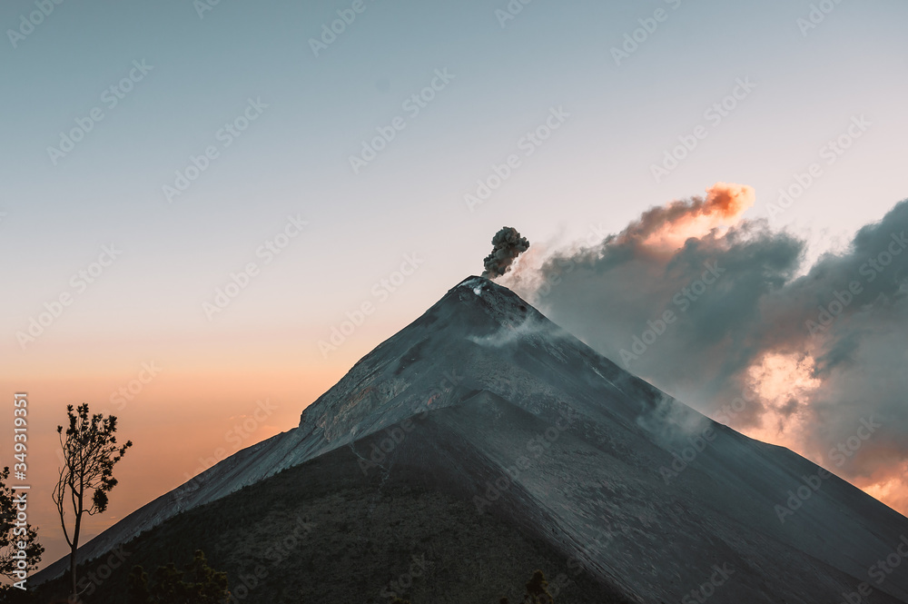 Sunrise view active volcano in Guatemala