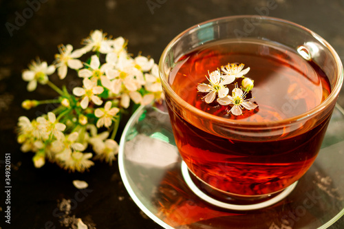 A glass, transparent cup of tea with a sprig of cherry stands on a glass saucer. Spring composition close-up on a black background.