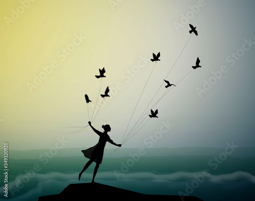 girl silhouette is flying and holding pigeons above the storm waves, marine storm landscape, fly in the dream, shadows, (ID: 349320920)