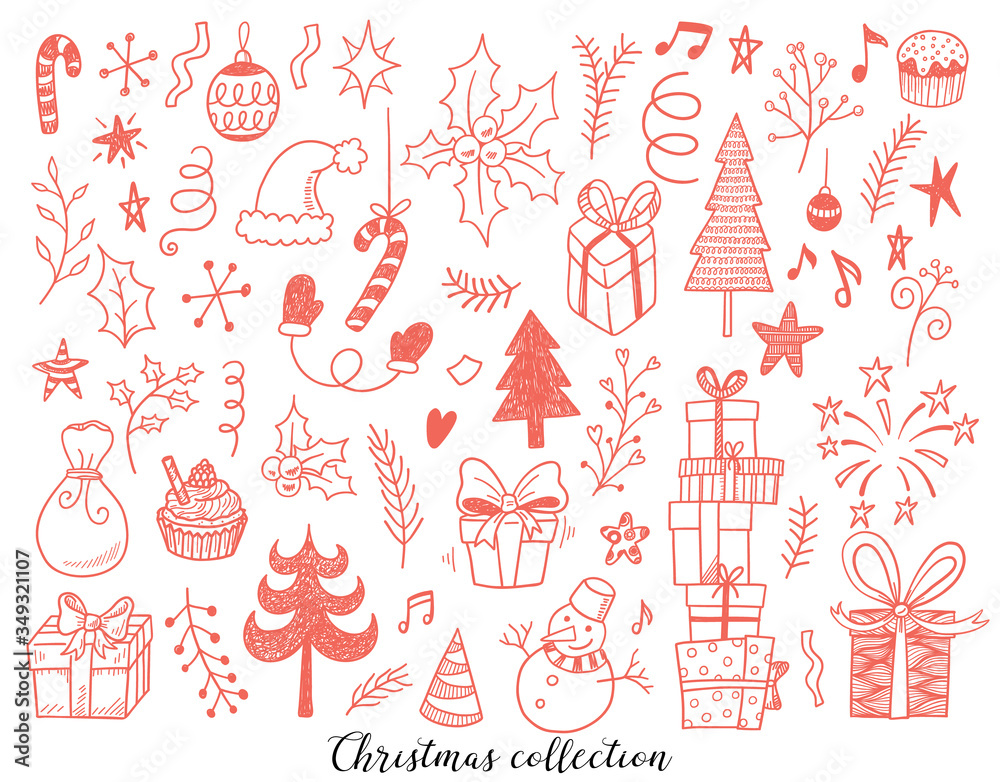 Hand drawn vector illustration set of New year and Christmas sign and symbol doodles elements. Pattern set with snowman, fir-trees, snowflakes, cakes, gift boxes. Hand drawn vector illustration set of New year and Christmas sign and symbol doodles elements. Pattern set with snowman, fir-trees, snowflakes, cakes, gift boxes.
