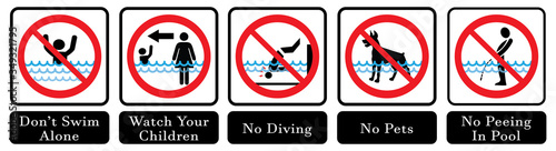 Swimming pool rules. Set of icons and symbol for pool. No Diving sign, No pets sign, No peeing in pool icon and Don`t swim alone icon.