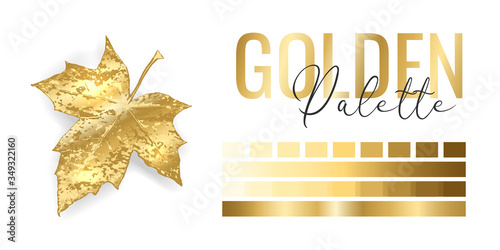 Fashion bright gold metallic color trend. Colour palette with different shades of golden color and gradient. Rich autumn tree leaf on white background. Paint palette mock up. Vector illustration