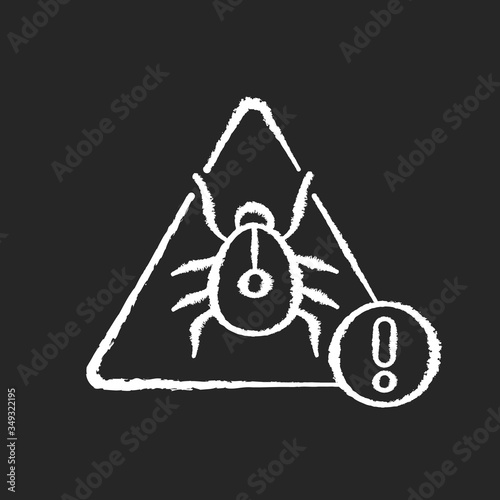 Computer virus chalk white icon on black background. Suspicious malware. Bug warning. Software detected. Internet hacking. Cybersecurity technology. Isolated vector chalkboard illustration