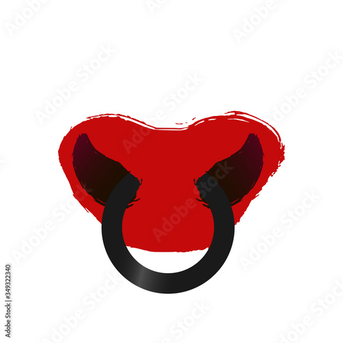 Vector Symbol of 2021 Chinese New Year of the Ox, Bull. Calendar poster red ink brush drawn snout. Hand written ox nose with ring on white background. Happy New Year card or banner design element.