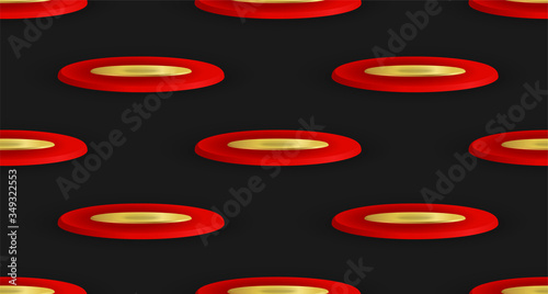 Seamless pattern with red and gold frisbee on black background. Design textile print, wrapping paper, sport background. Outdoor game wallpaper with realistic plastic frisbee disc. Vector illustration