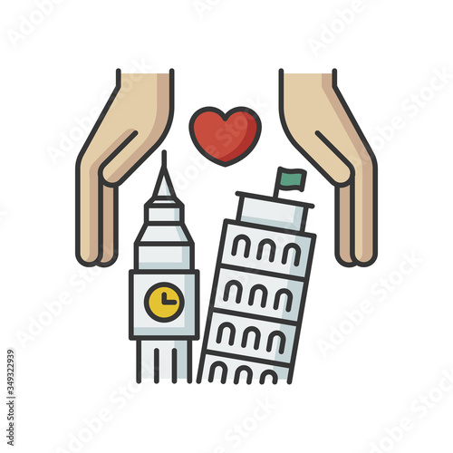 Landmark preservation RGB color icon. Tourism service. Travel across Europe. Historic construction preservation. Protection of architecture. Building restoration. Isolated vector illustration