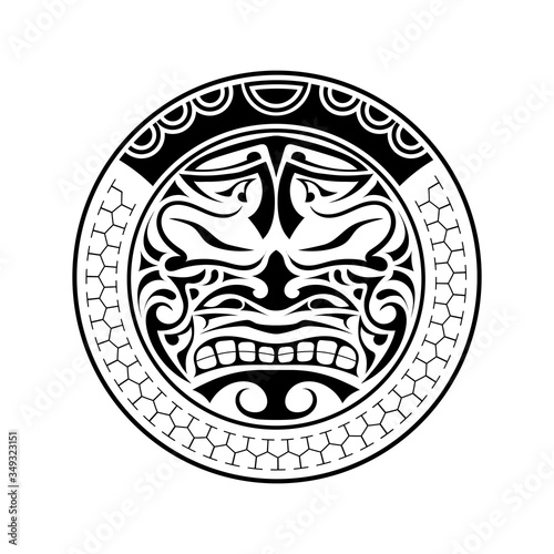 Tattoo in the style of Polynesia. Polynesian style mask. Round tattoo. Isolated. Vector.