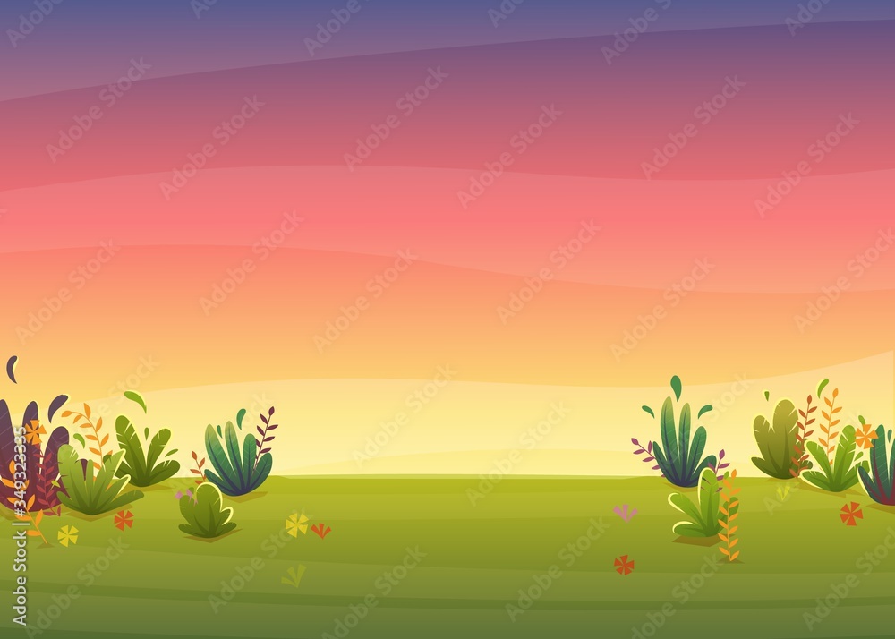 sunset park background, nature park or forest lawn glade and sunset sky sun violet and pink clouds. vector cartoon illustration landscape