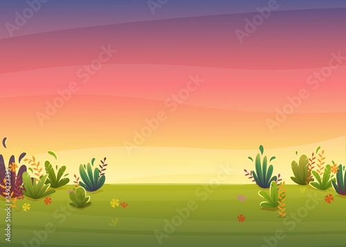sunset park background, nature park or forest lawn glade and sunset sky sun violet and pink clouds. vector cartoon illustration landscape © Vectorville