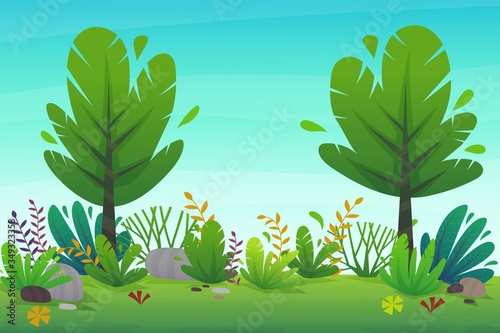 nature park background. green grass on the lawn field, bushes plants and flowers, trees landscape. comic book style vector scenery