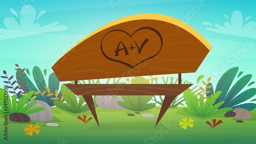 initials love and heart carved on a tree bench in the park on a hill with green grass and bushes plants. Nature outdoors background cartoon funny cheerful style. vector