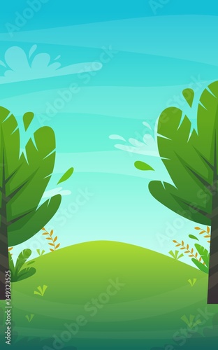 nature park background. green grass on the lawn field, bushes plants and flowers, trees landscape. comic book style vector scenery
