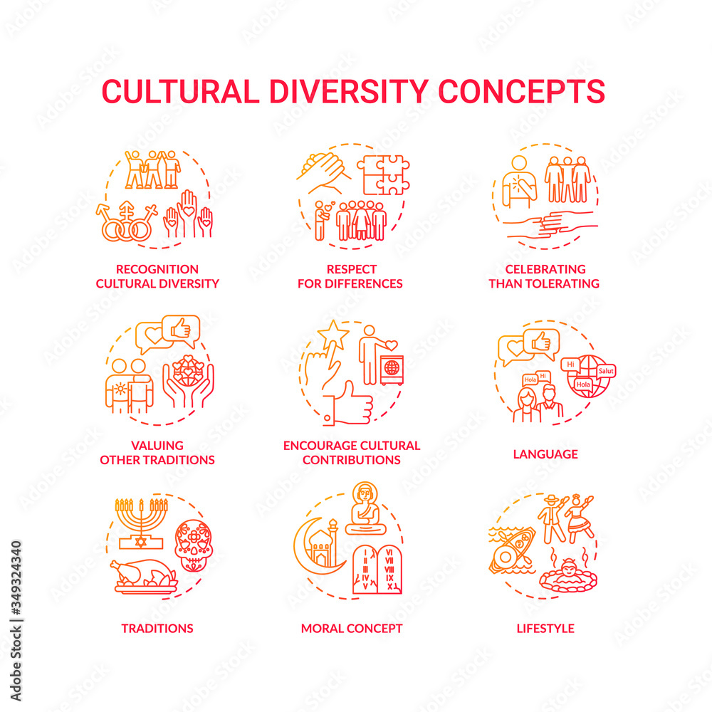Cultural diversity concept red icons set. Respect for different nationality. Multi ethnic equality in group idea thin line RGB color illustrations. Vector isolated outline drawings Cultural diversity concept red icons set. Respect for different nationality. Multi ethnic equality in group idea thin line RGB color illustrations. Vector isolated outline drawings