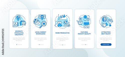 Multicultural team onboarding mobile app page screen with concepts. Effective company development walkthrough 5 steps graphic instructions. UI vector template with RGB color illustrations