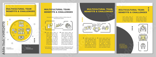 Multiracial team brochure template. Benefit and challenge. Flyer, booklet, leaflet print, cover design with linear icons. Vector layouts for magazines, annual reports, advertising posters