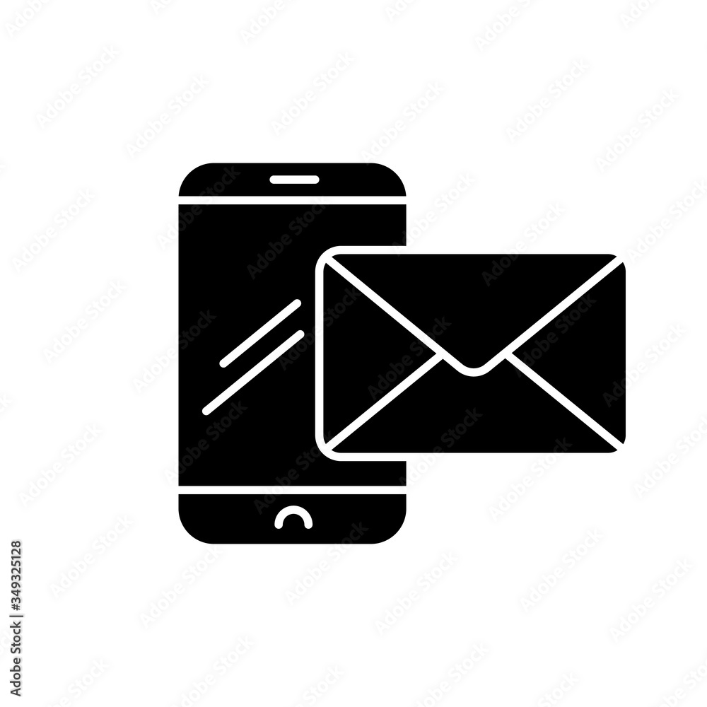 Contact black glyph icon. Receive message on phone. Send email from smartphone. Texting with social media. Online communication. Silhouette symbol on white space. Vector isolated illustration Contact black glyph icon. Receive message on phone. Send email from smartphone. Texting with social media. Online communication. Silhouette symbol on white space. Vector isolated illustration