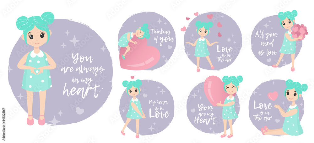 Set of cards with cute cartoon girl with turquoise hairs and dress with hearts. Valentine's day card, save the date greeting card. Vector illustration character design.With lettering Set of cards with cute cartoon girl with turquoise hairs and dress with hearts. Valentine's day card, save the date greeting card. Vector illustration character design.With lettering