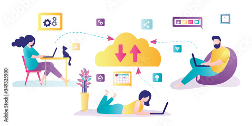 Cloud data storage. Various business people working online. Download and upload data, information via internet.