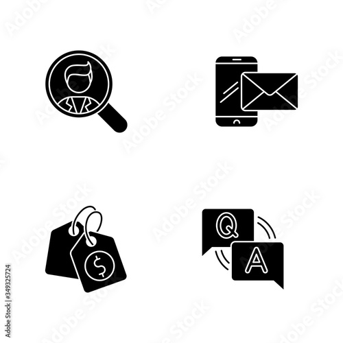 Social media recruitment black glyph icons set on white space. Looking for employee. Company recruitment. Corporate contact info. Pricetag for product. Silhouette symbols. Vector isolated illustration