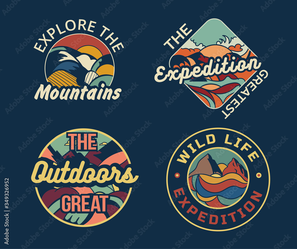 Set of four different camping logos or badges for the Mountains, an Expedition, the Great Outdoors and Wildlife, colored vector illustration Set of four different camping logos or badges for the Mountains, an Expedition, the Great Outdoors and Wildlife, colored vector illustration