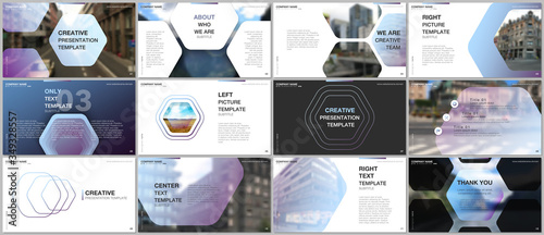 Minimal presentations design, portfolio vector templates with hexagonal design violet color pattern background. Multipurpose template for presentation slide, flyer leaflet, brochure cover, report.