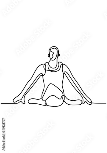 Continuous one line man doing yoga exercise. Yoga sitting pose. Legs are folded and arms are straightened to the side. Relaxation, concentration and calming. Stock vector illustration.