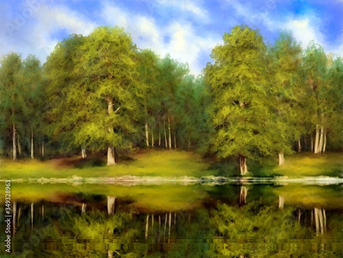 Digital oil paintings landscape with trees and lake. Fine art.