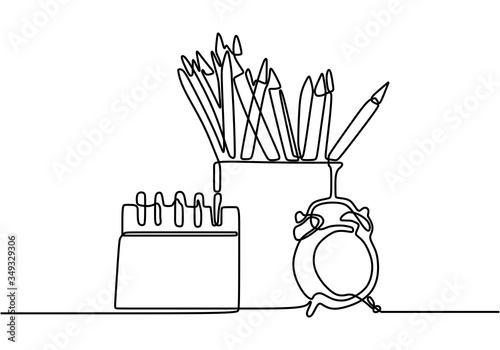 One continuous line drawing of pencil case, alarm clocks and calendar on office desk. Stationery for study and tidy on the table. Happy study. Smart education concept vector illustration.