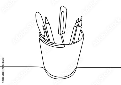 One continuous line drawing of pencil case, ruler, and marker on office desk. Stationery for study and tidy on the table. Happy study. Smart education concept vector illustration.