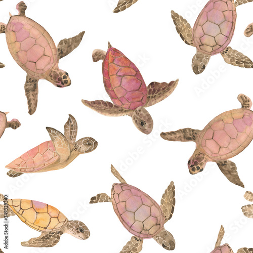 Watercolor painting seamless pattern with cute sea baby turtles. Kids background