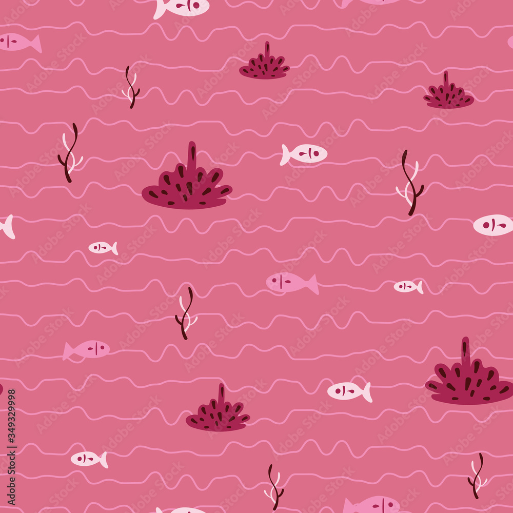 Fish and coral seamless vector pattern in pink. Ocean themed simple surface print design. For fabric, stationery, ans packaging. Fish and coral seamless vector pattern in pink. Ocean themed simple surface print design. For fabric, stationery, ans packaging.