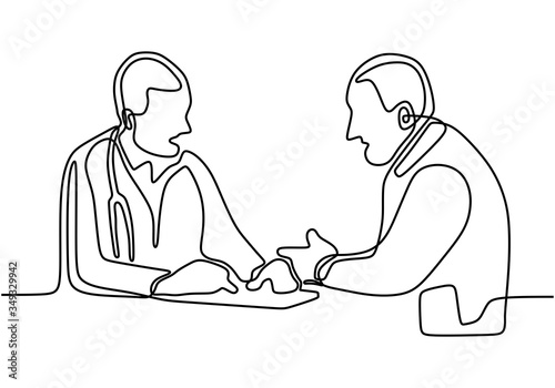 Continuous line drawing of doctors talking. Senior doctor giving mentoring to the young doctors at the hospital hallway. Medical healthcare concept one line draw design illustration.