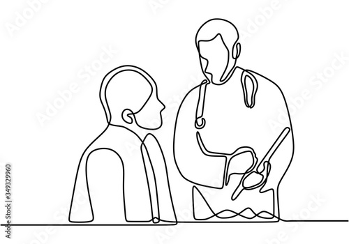 Continuous line drawing of two doctors discussing diagnosis. Hospital scene. Doctors talking with partner explain something with paper. Medical team. Hospital health care concept.