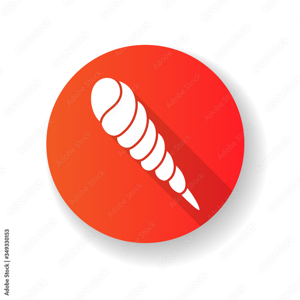 Auger shell red flat design long shadow glyph icon. Exotic spiral seashell, conchology Empty gastropod, molluscan animal conch, long conic sea shell silhouette RGB color illustration Auger shell red flat design long shadow glyph icon. Exotic spiral seashell, conchology Empty gastropod, molluscan animal conch, long conic sea shell silhouette RGB color illustration