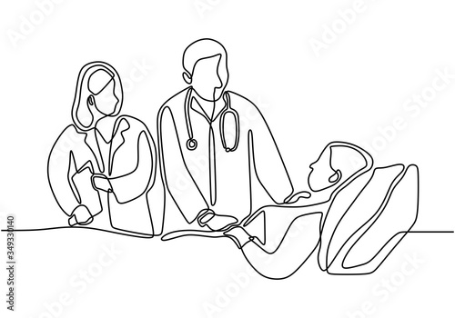 Continuous line drawing of doctors and patient dialog. Professional doctor talking to the patient and explain about diagnosis. Health care concept continuous line draw design illustration.